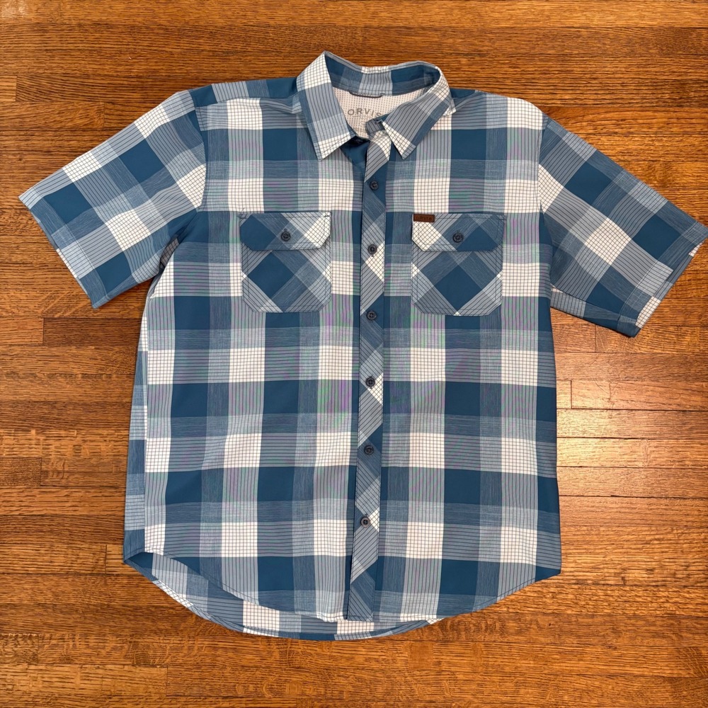 Orvis Classic Collection Mens L Blue Plaid Short Sleeve Button‎ Up Shirt